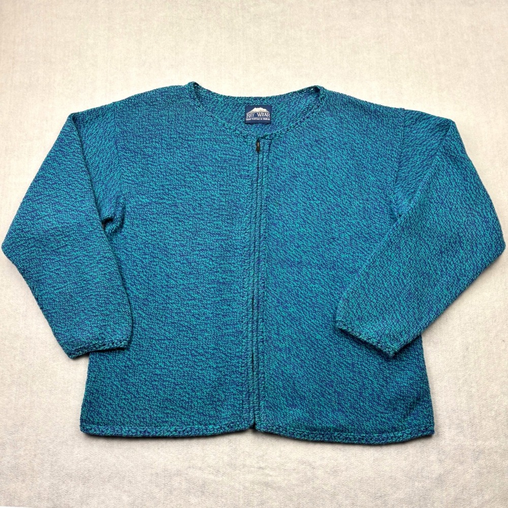 Rey Wear Sweater Womens XL Teal Purple Marled Hand Knitted Bolivia Full Zip